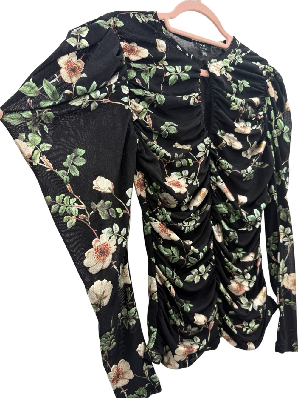 Black Floral Ruched Mesh Top Keyhole Puff Sleeve Romantic Cottagecore Feminine - Picture 5 of 15